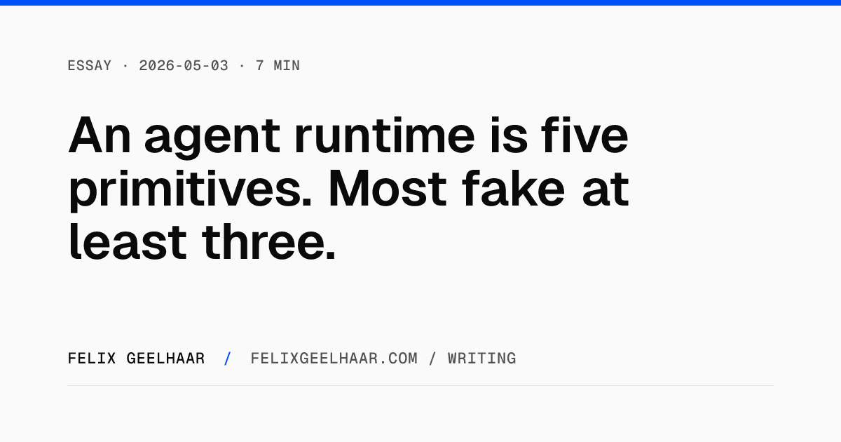 Cover art for "An agent runtime is five primitives. Most fake at least three."