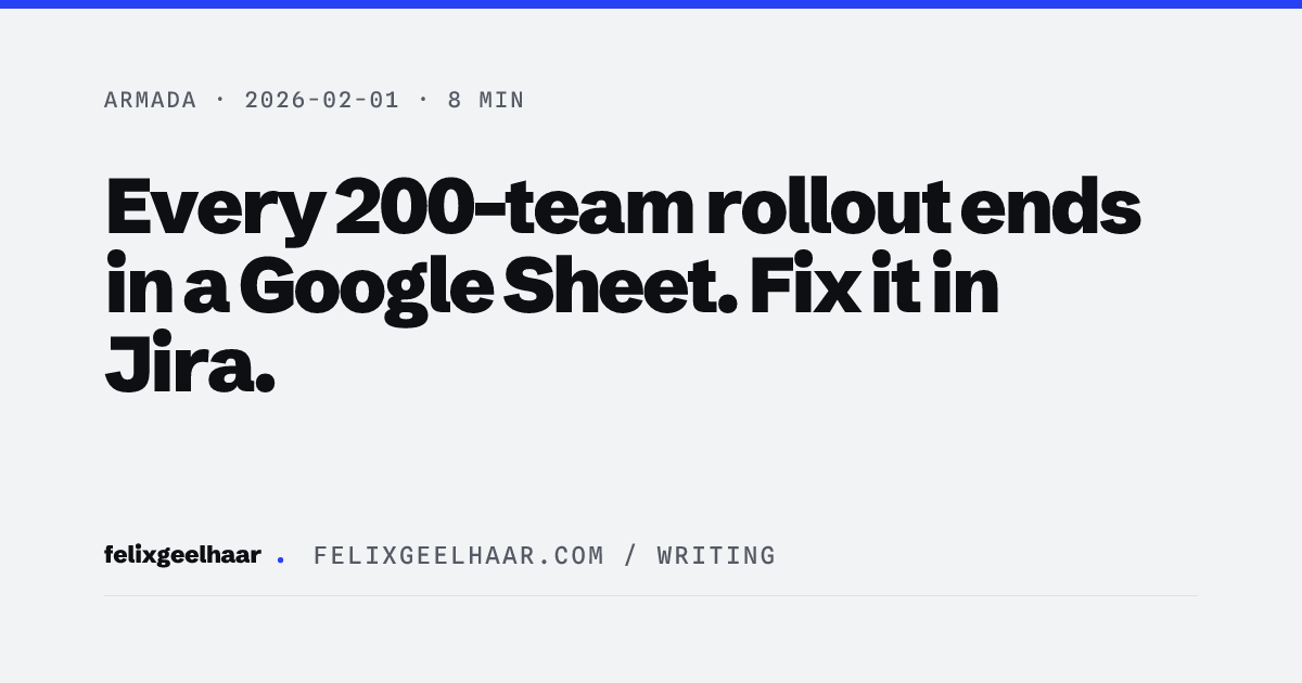 Cover art for "Every 200-team rollout ends in a Google Sheet. Fix it in Jira."